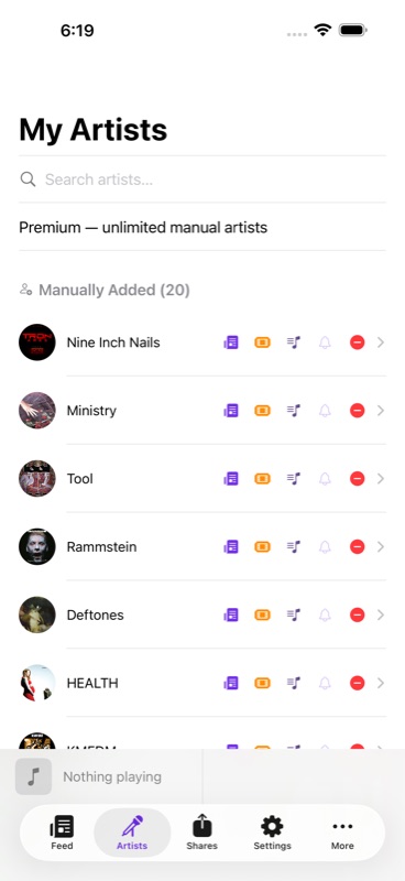 My Artists list — manually added artists with quick-action icons