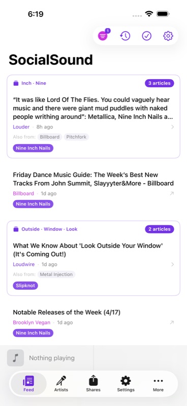 SocialSound Pulse news feed showing artist updates